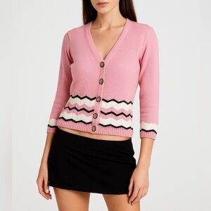 St. John Y2K Pink Chevron Cropped Cardigan Sweater Size Small